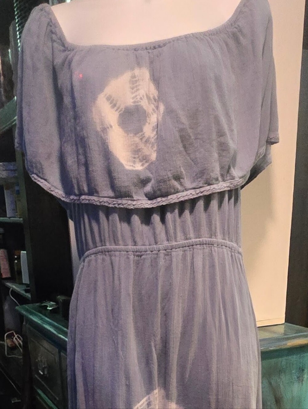 BillABong Boho Hippie Light Blue Tie-Dye Off-Shoulder Maxi Dress Sz Large